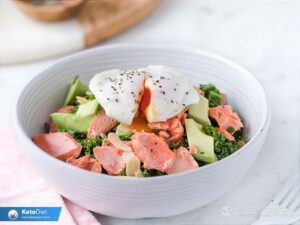 Keto diet healthy meal with avocado, salmon and eggs supporting weight loss.