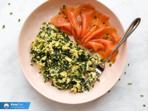 keto diet healthy low carb meal with eggs and salmon. 